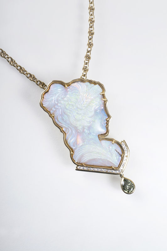 An extraordinary opal pendant 'Art Nouveau Dame' with green diamond pendant