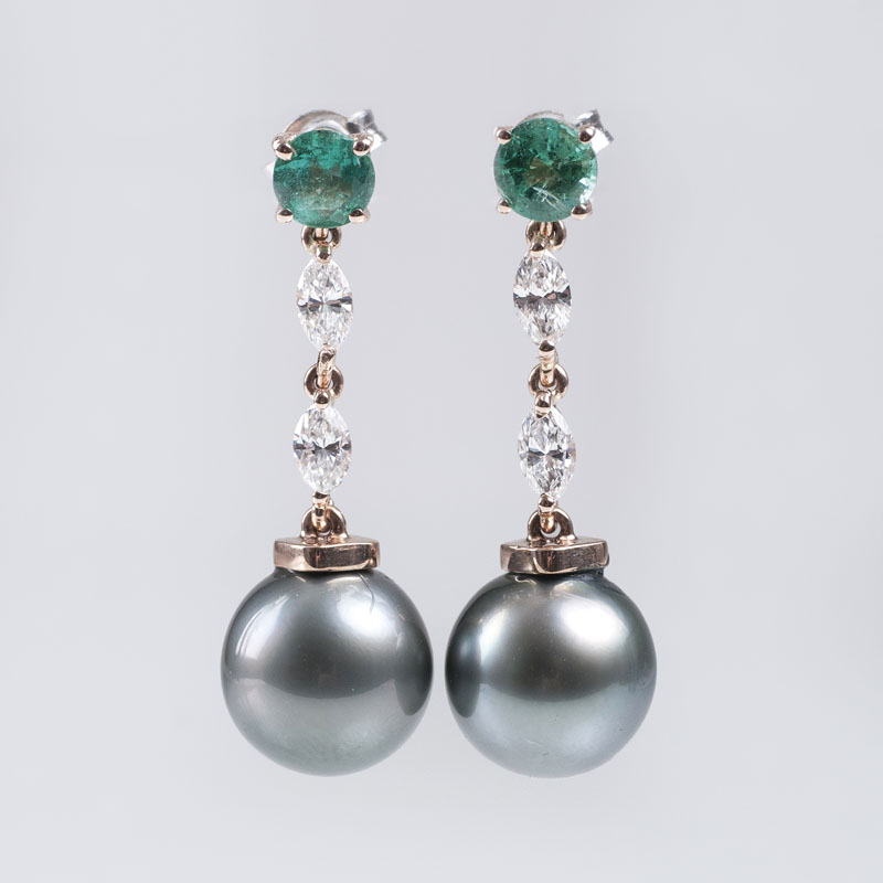 A pair of Tahiti pearl emerald diamond earpendants