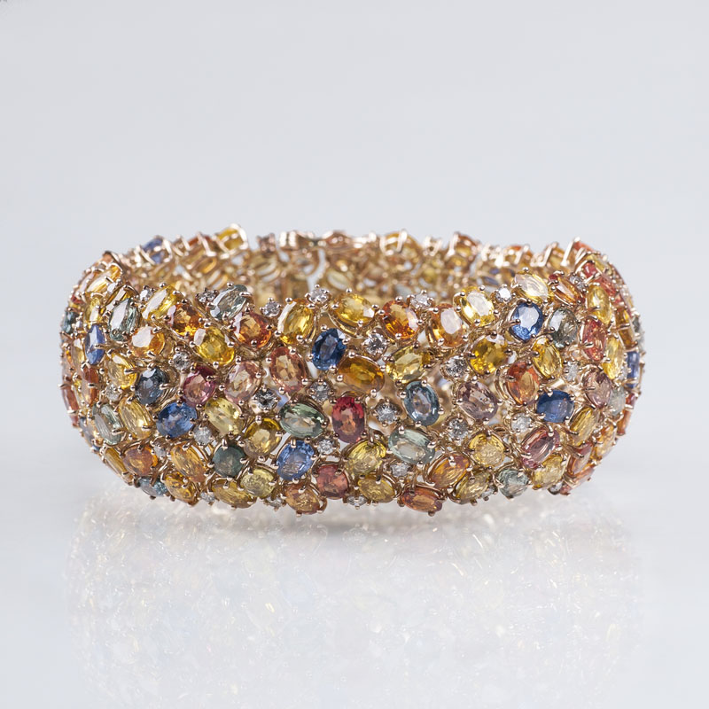 A wide, colourful sapphire bracelet
