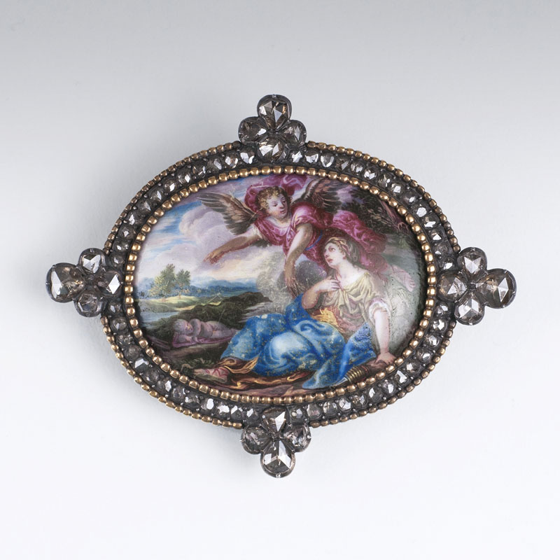 - Barocke Diamant-Brosche mit Miniaturmalerei 'Hagar und Ismael in der Wüste' Barocke Diamant-Brosche mit Miniaturmalerei 'Hagar und Ismael in der Wüste'