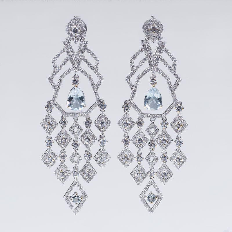 A pair of fine diamond aquamarine earpendants