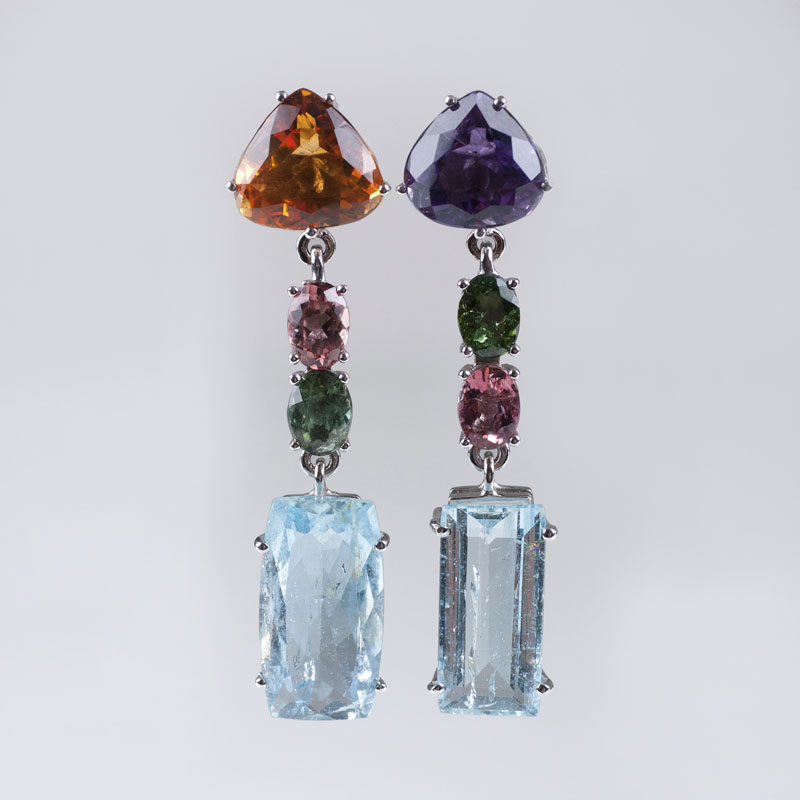A pair of colourful precious stone earpendants