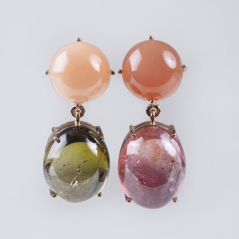 A pair of moonstone tourmaline earrings