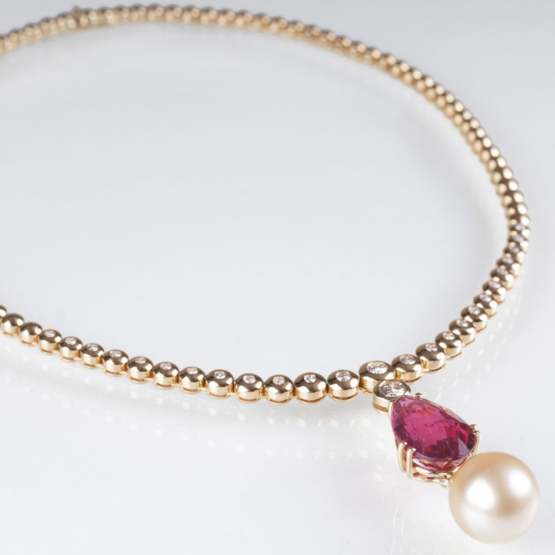 A highcarat pink tourmaline diamond gold necklace with large Southsea pearl