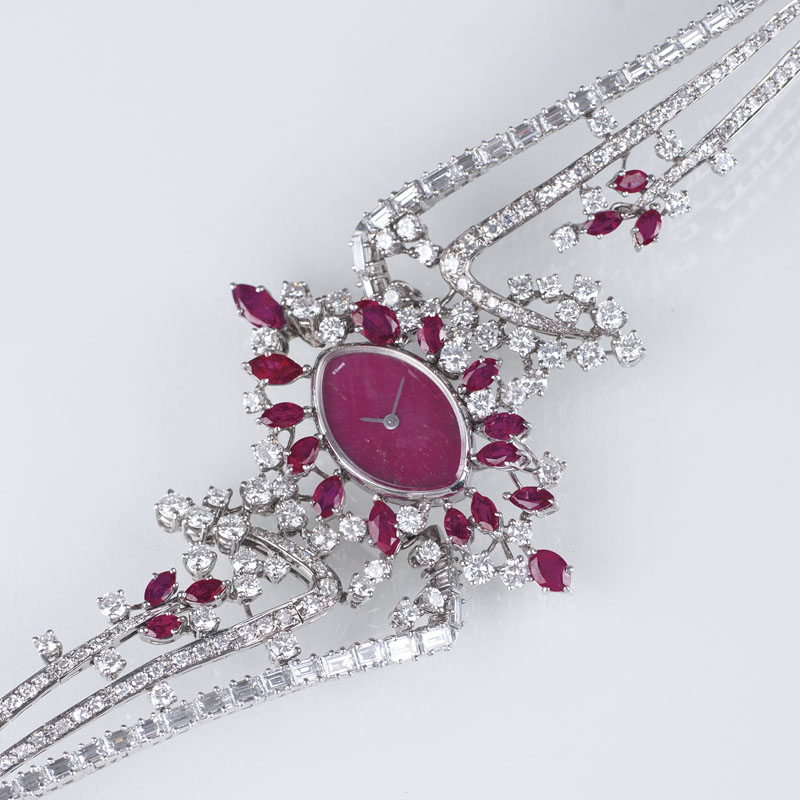 Exquisite Vintage Damen-Schmuck-Armbanduhr mit reichem Rubin- und Diamant-Besatz