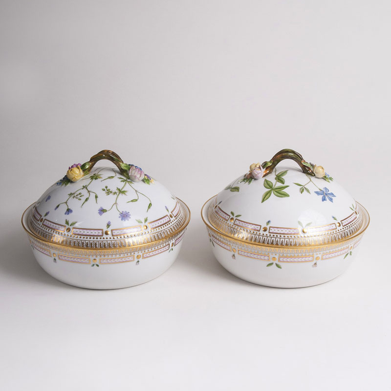 A Pair of Round 'Flora Danica' Lidded Tureens