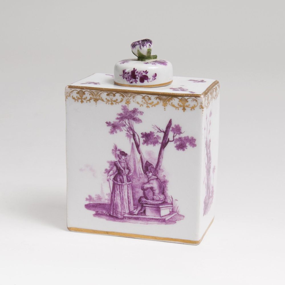 A Tea Caddy with Watteau Scene in Purple Monochrome