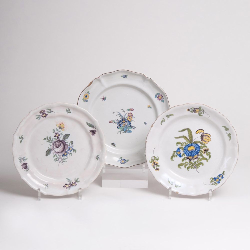 Three Faience Plates with Flower Painting