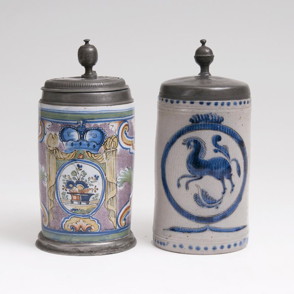 Two Tankards with Pewter Mount