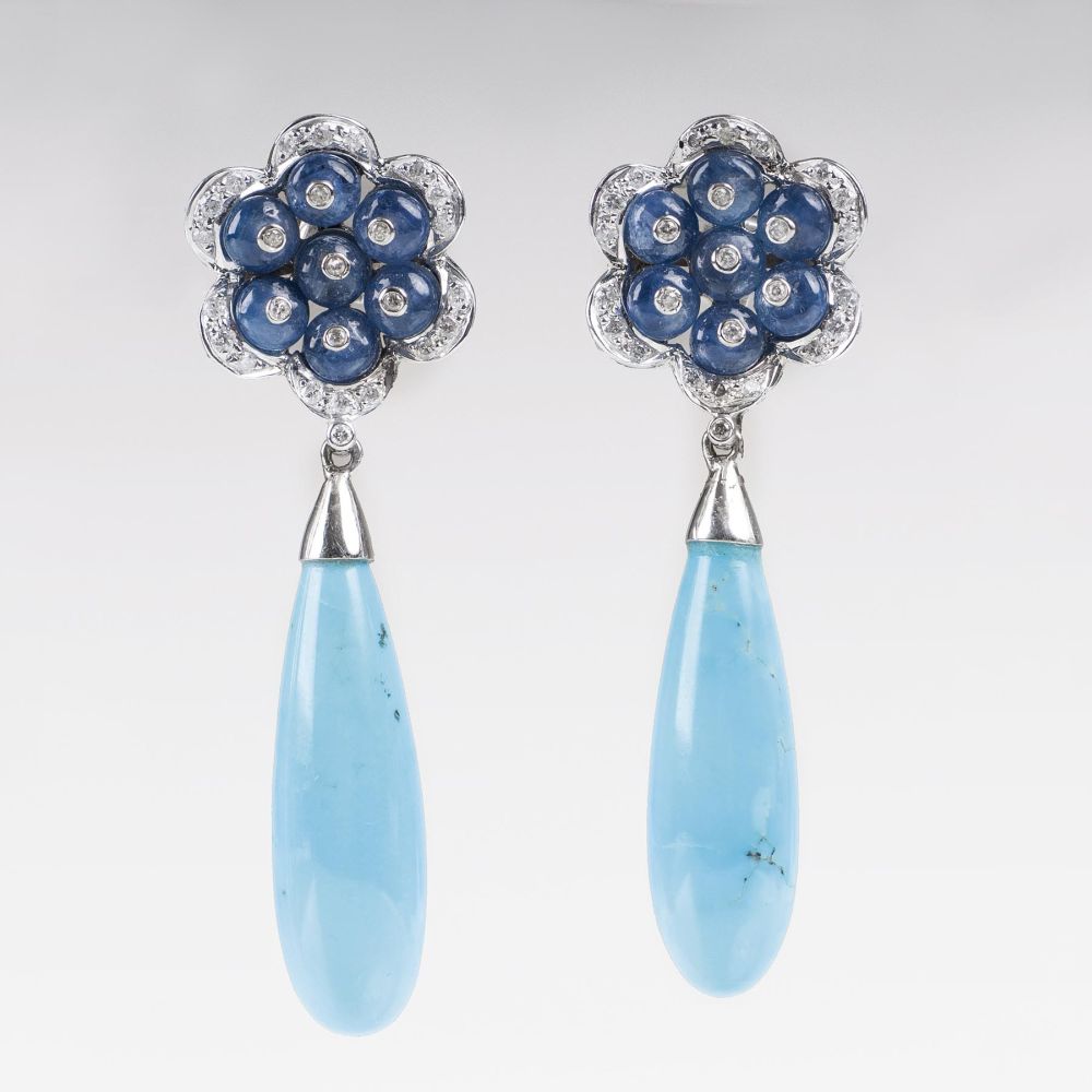 A Pair of Turquoise Diamond Earpendants