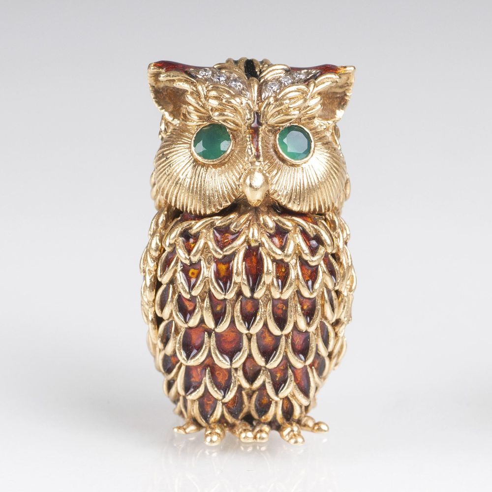 A Miniature gold box 'Owl' with Gemstones and Enamel