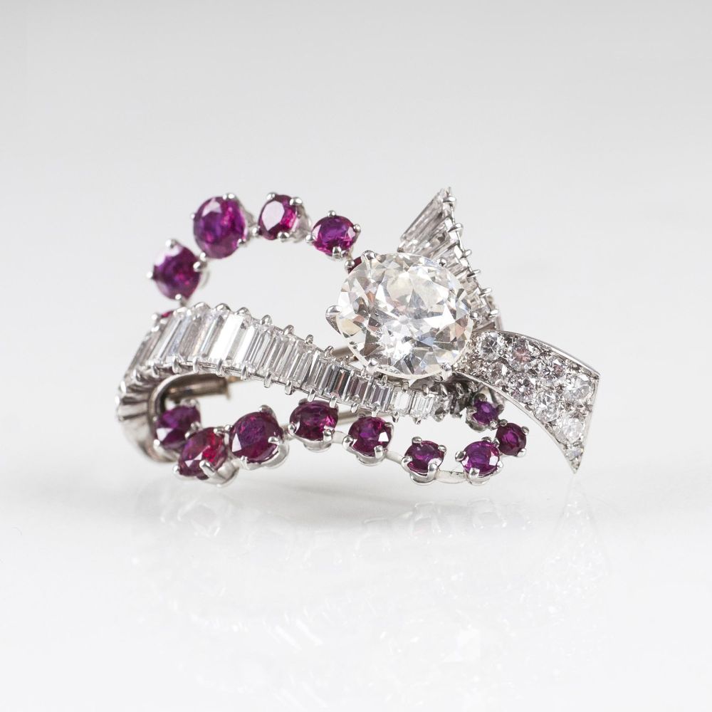 A French Vintage Diamond Ruby Brooch with large Oldcut Diamond