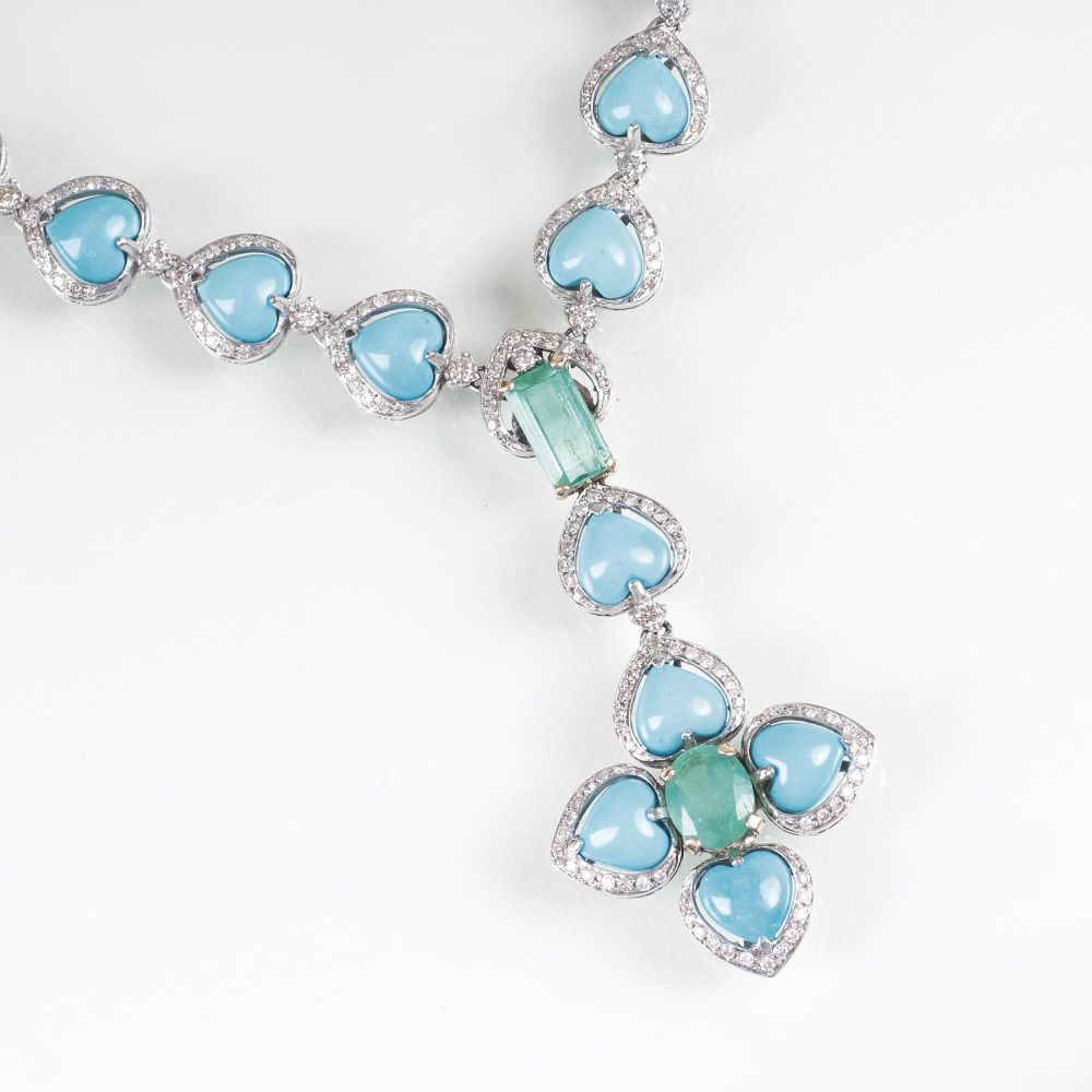A Turquoise Diamond Necklace with Emeralds
