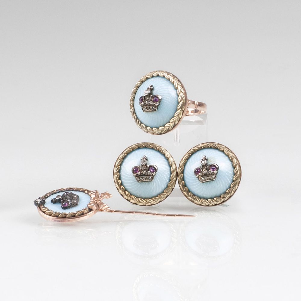 A Fabergè Enamel Jewelry Set with Earrings, Ring and Needle
