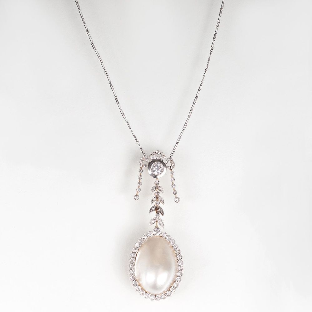 An Art Nouveau Diamond Pendant with fine Mabé Pearl