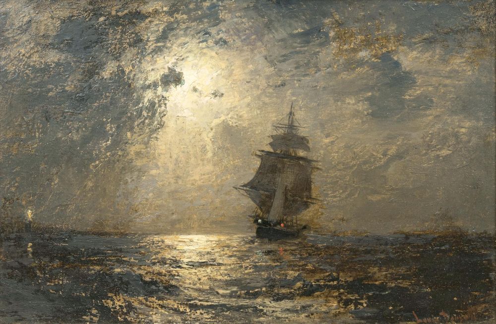 Sailing Ship in Moonlight with Lighthouse