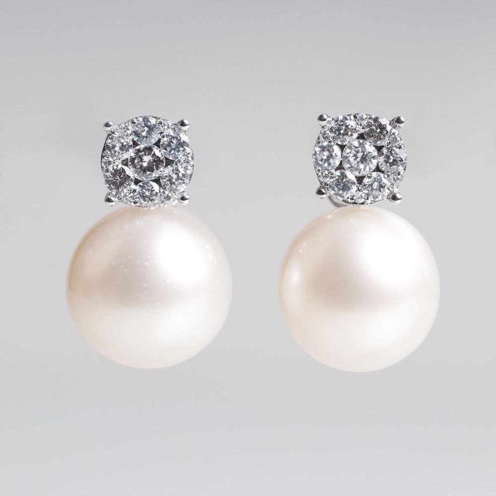 A Pair of Southsea Pearl Earstuds with Diamonds