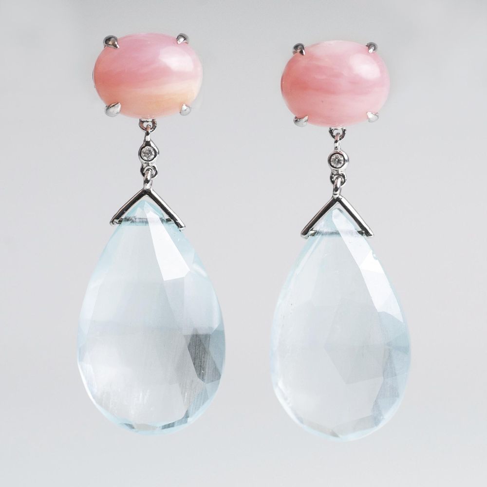 A Pair of colour fine Aquamarine Rosa-Opal earrings