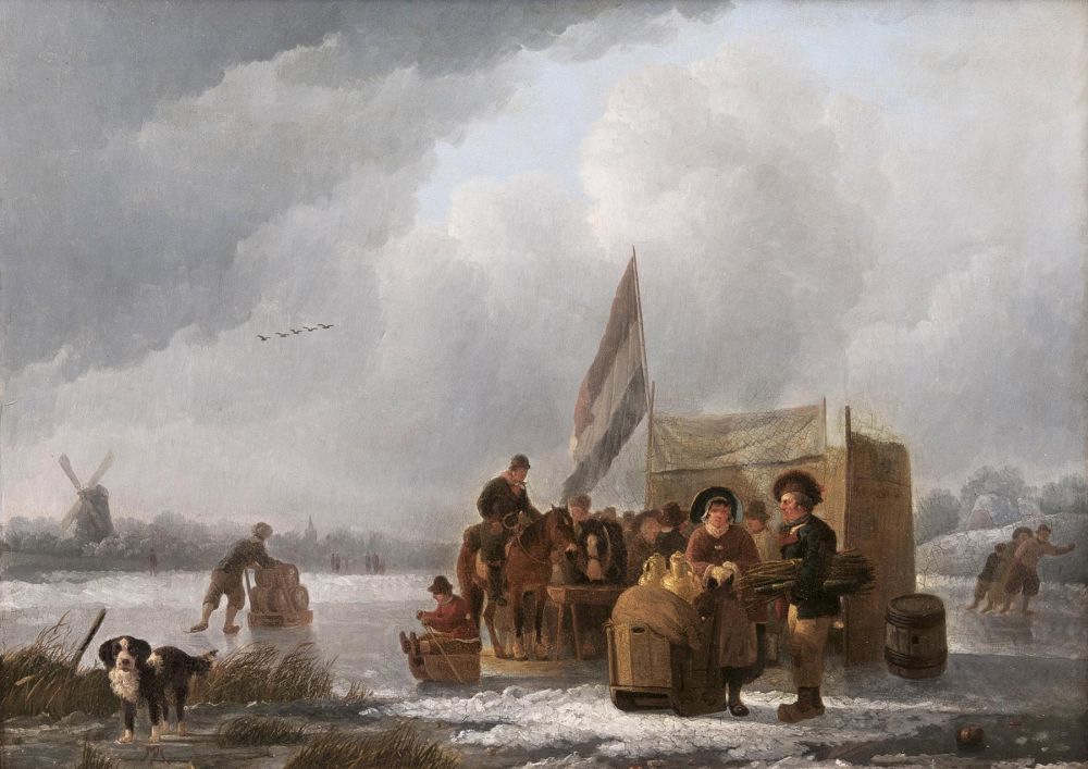 Niederländischer Meister, tätig um 1800 - Reges Treiben auf einem gefrorenen Fluß Reges Treiben auf einem gefrorenen Fluß