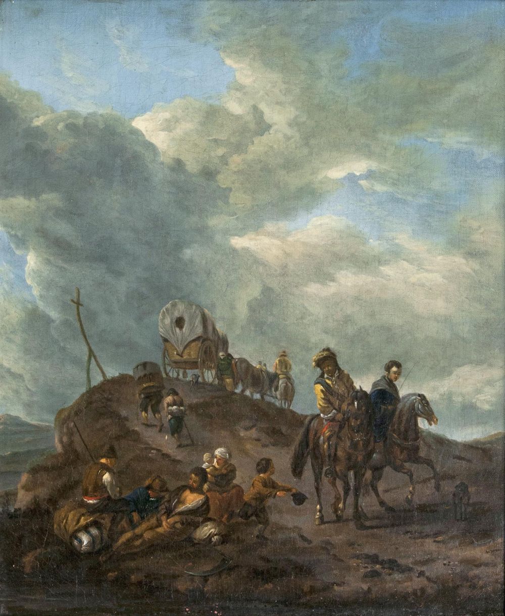 Fuhrwerk und Reiter auf einem Berggipfel