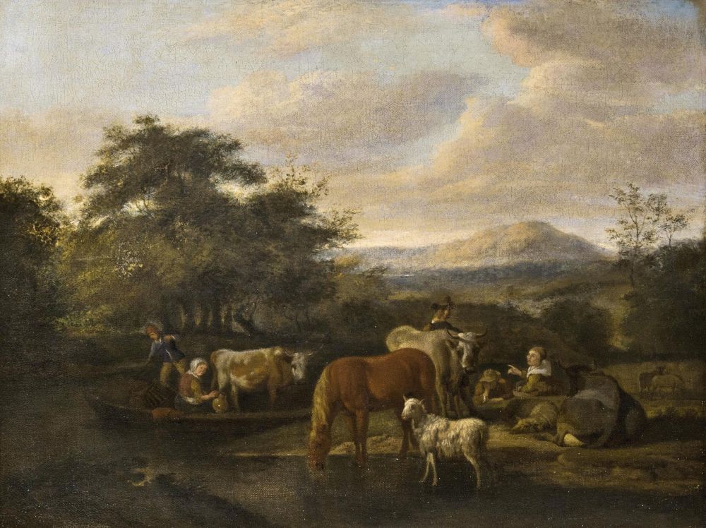 Herdsmen with their Animals by a River