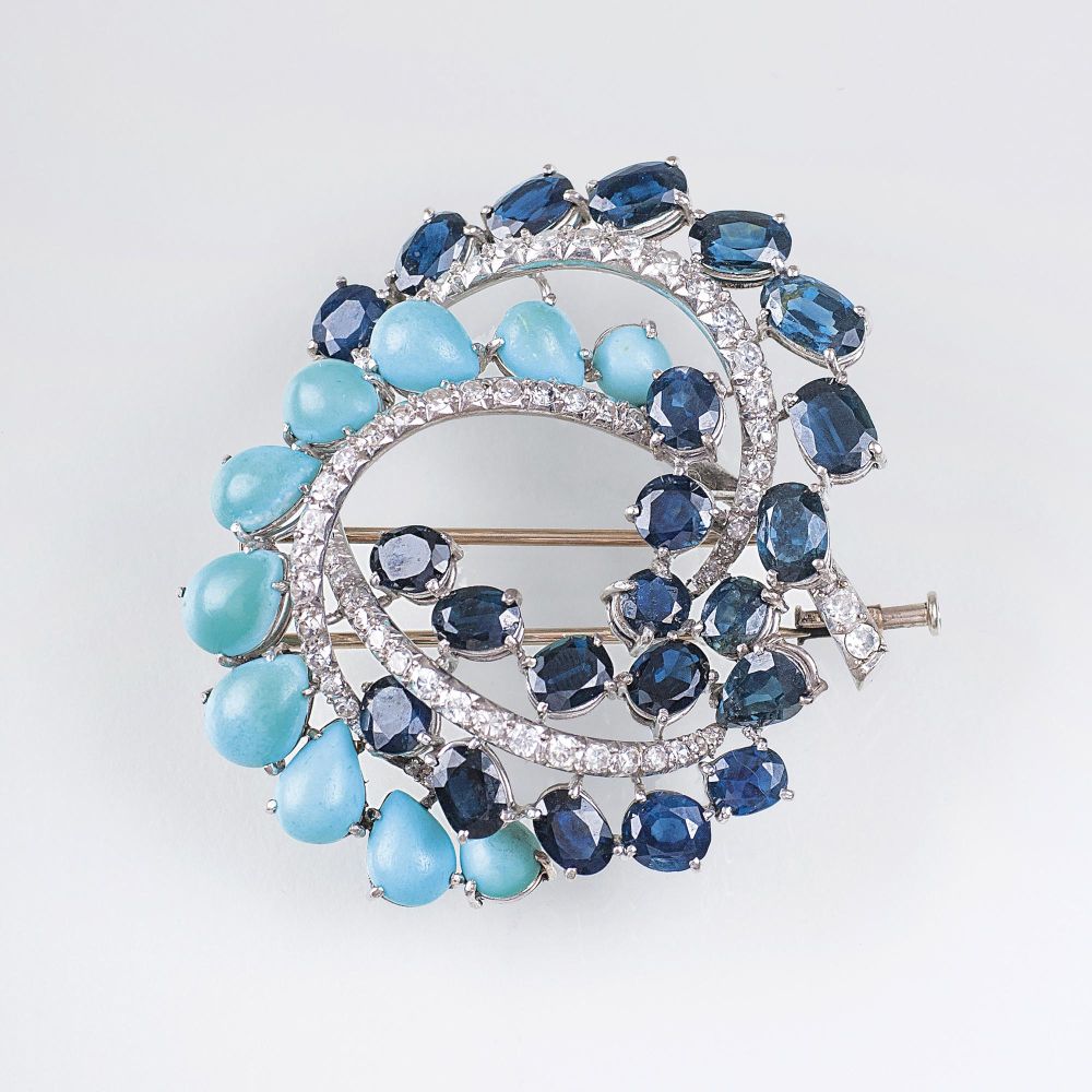 A Vintage Turquoise Sapphire Diamond Brooch