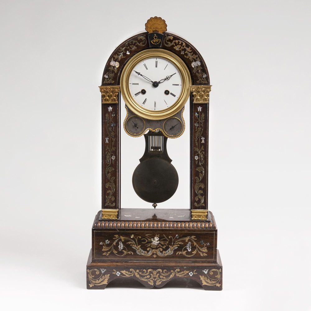 A Empire Portico Pendule with marquetry