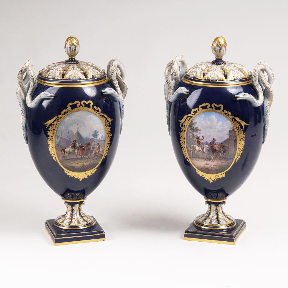 - A Pair of Vases with Snake Handles and Dutch Scenes after Wouwerman A Pair of Vases with Snake Handles and Dutch Scenes after Wouwerman