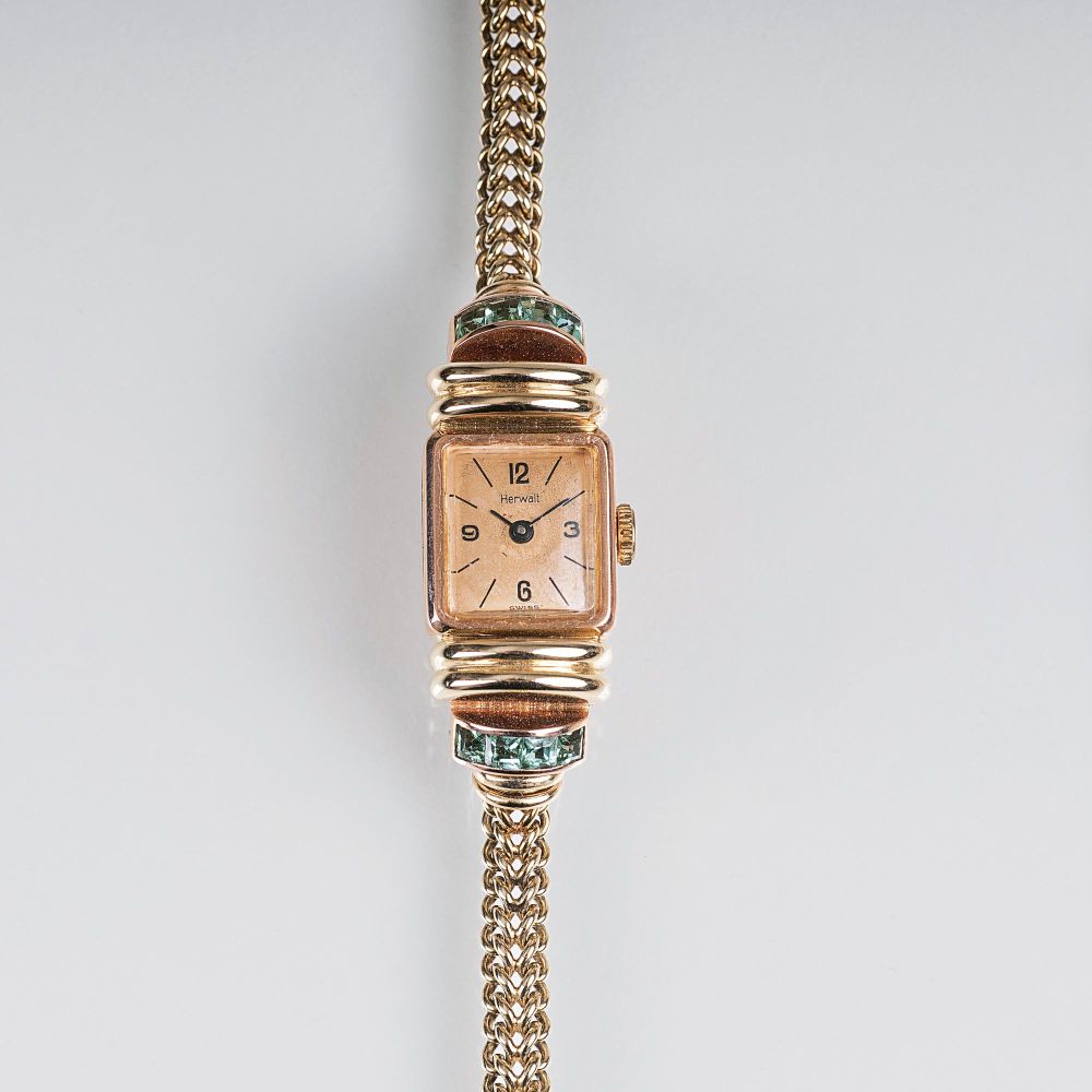 Art-déco Damen-Armbanduhr mit Turmalin-Besatz von Herwalt