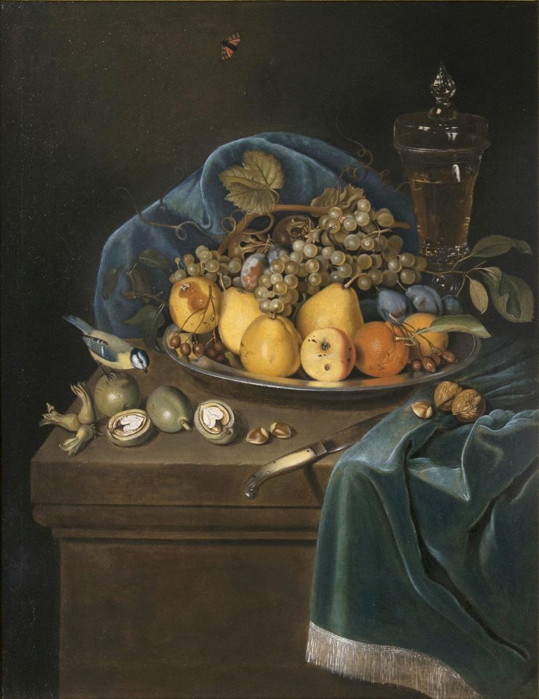 Still Life with Fruits, a Goblet and a Blue Tit on a Pedestal