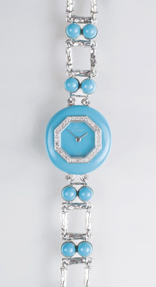 A Vintage Ladie's Wristwatch with Turquoise and Diamonds by Jeweller Wilm