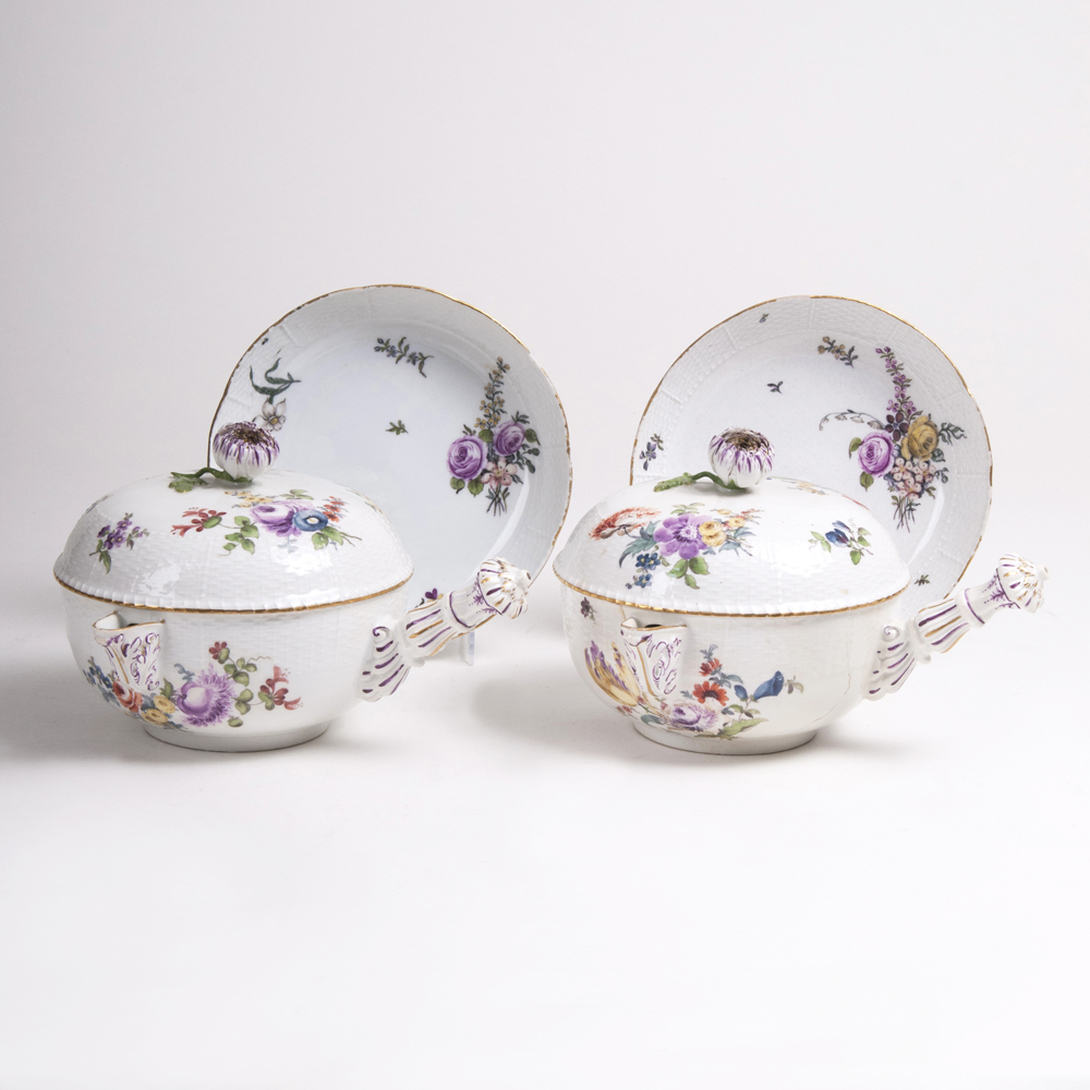 A Pair of Casseroles 'Flowers with Ozier Relief'
