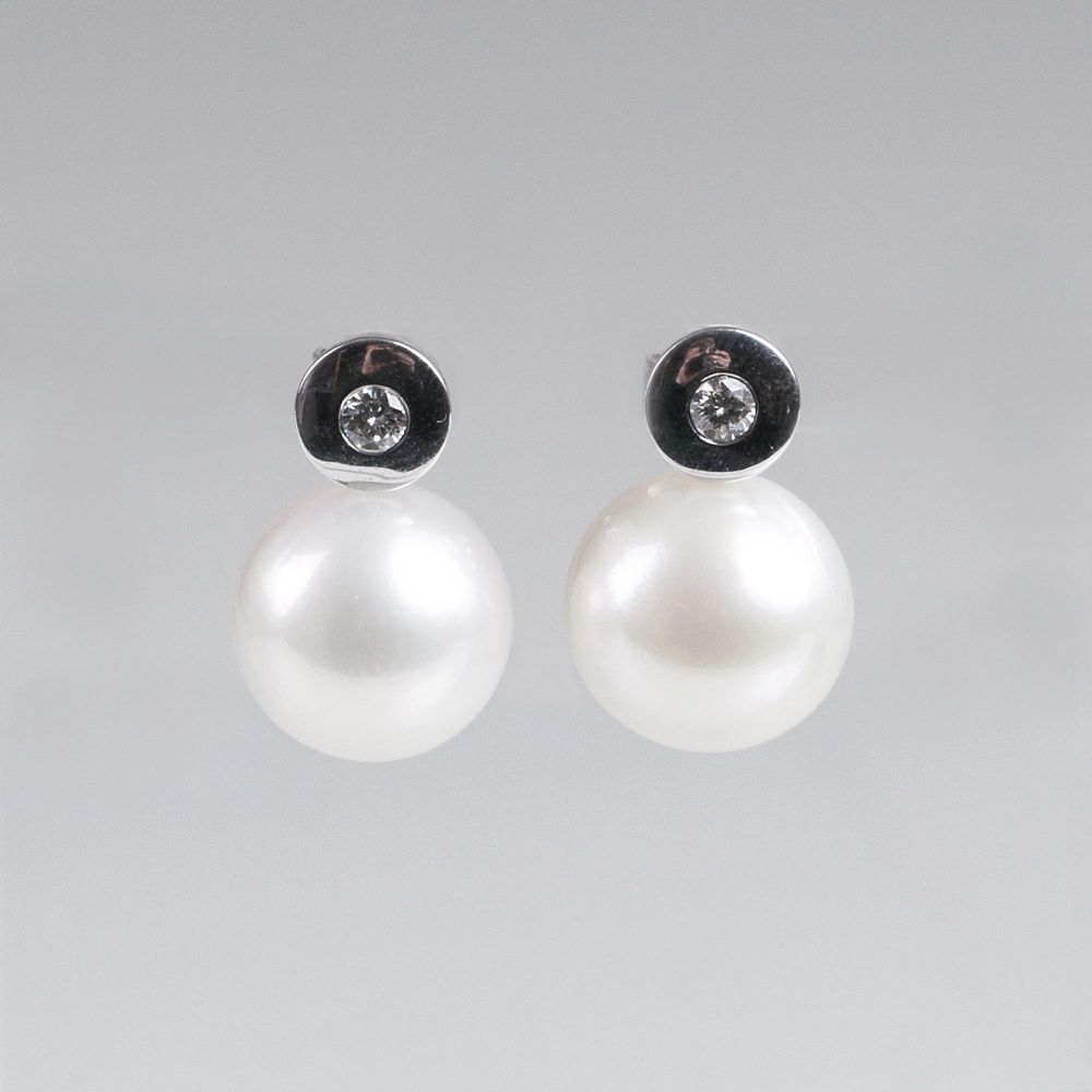 A Pair of Southsea Pearls Earrings with Diamonds