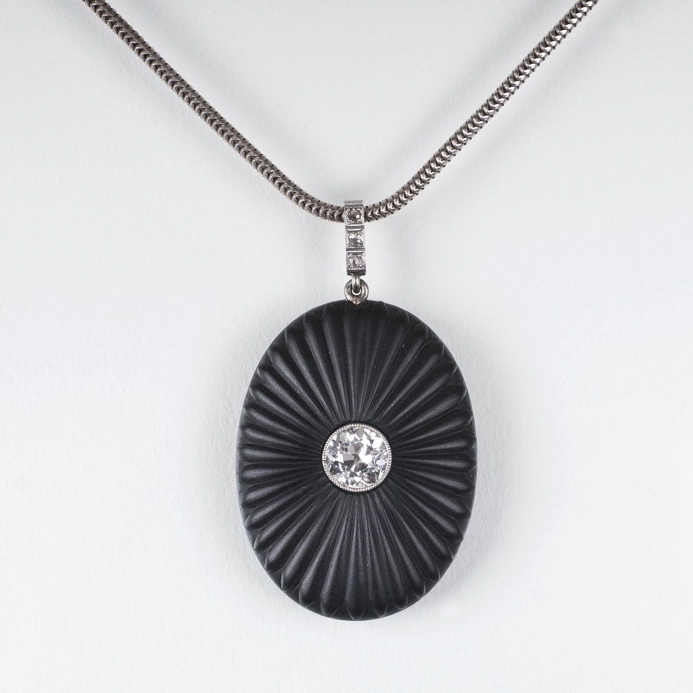 An Art-déco Pendant with large Old Cut Diamond on Onyx