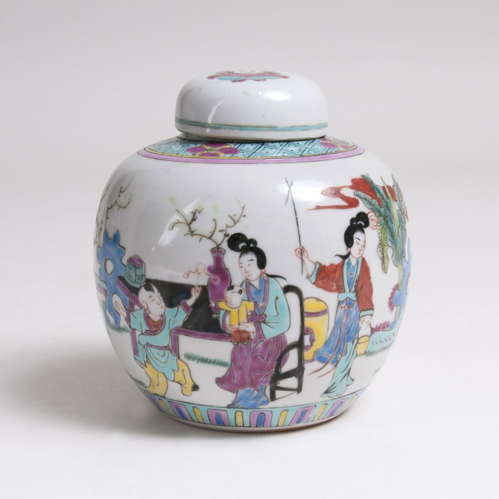 A Small Famille Rose lidded Jar with Figural Scene