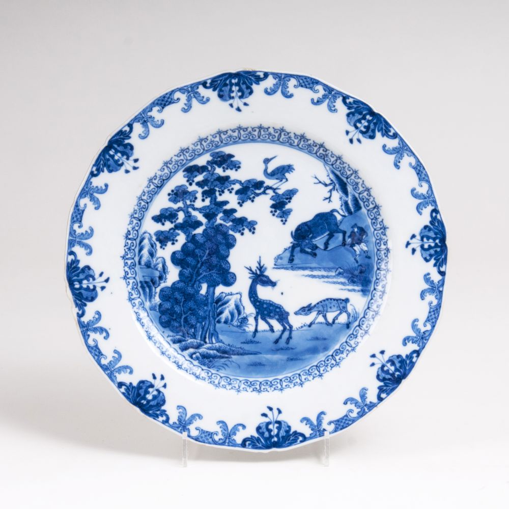 A Chinese Export Blue and White Plate with Deers
