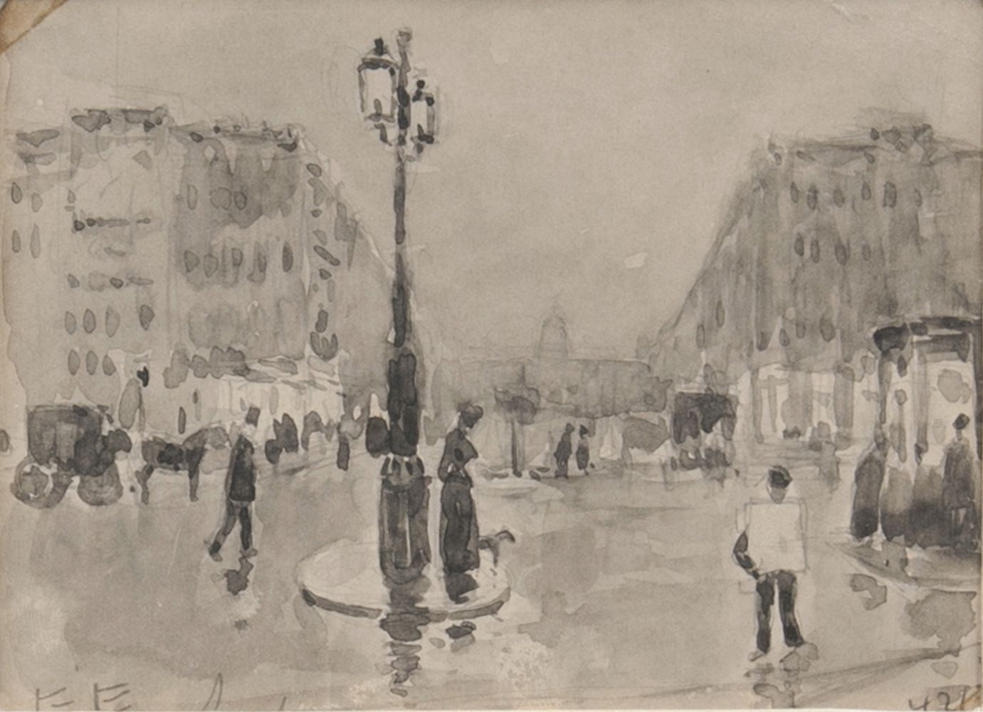 Boulevard in Antwerp and four Etchings