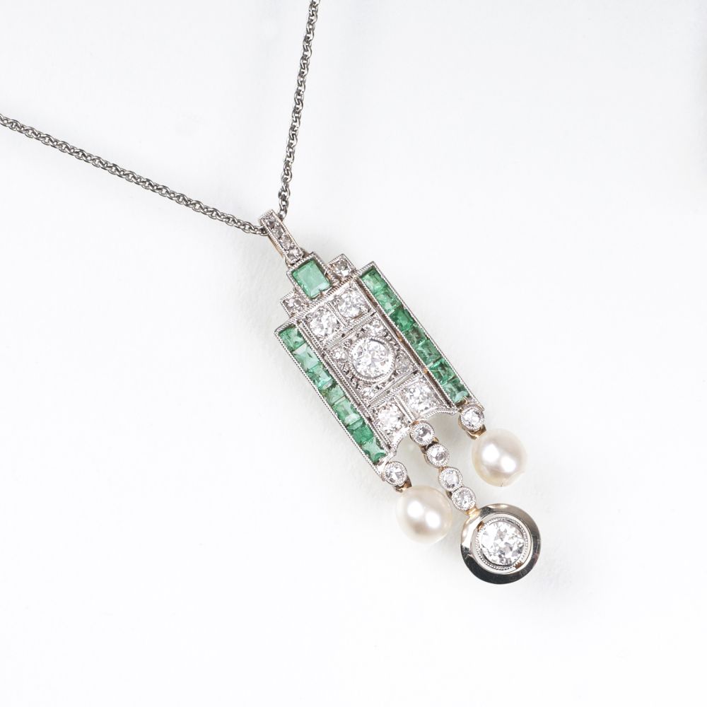 An Art-déco Diamond Emerald Pendant with small pearls