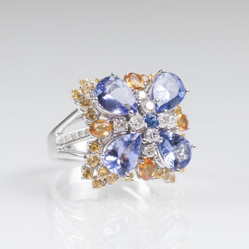 A Tanzanite Diamond Ring with multicoloured Sapphires