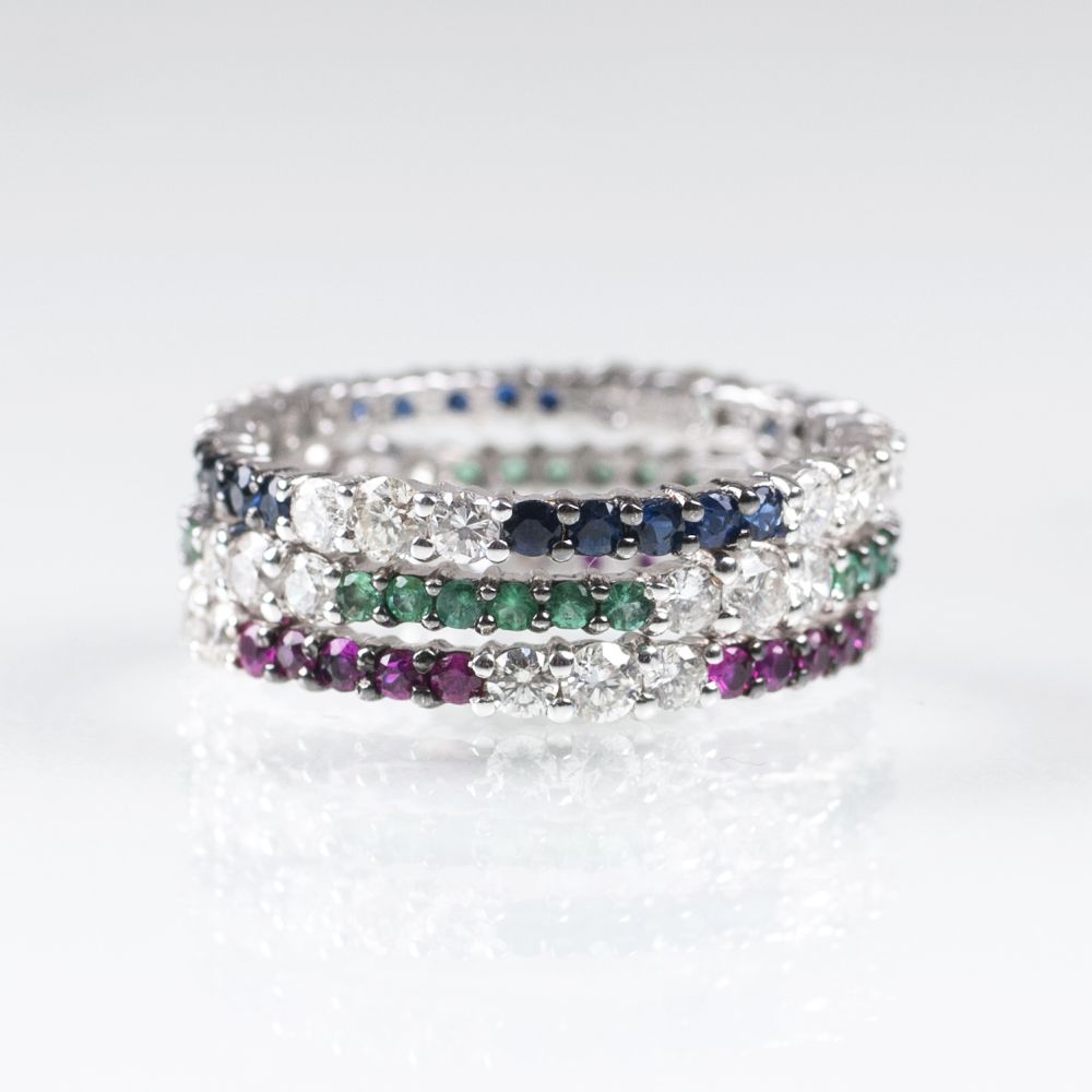 A Set of 3 Memory Rings with Rubies, Sapphires, Emeralds and Diamonds