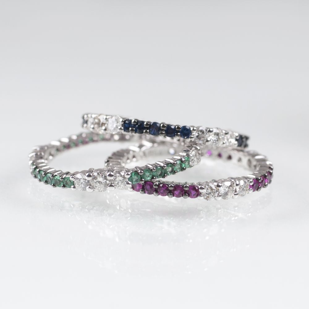 Set von 3 Memory-Ringen mit Rubinen, Saphiren, Smaragden und Brillanten - Bild 2