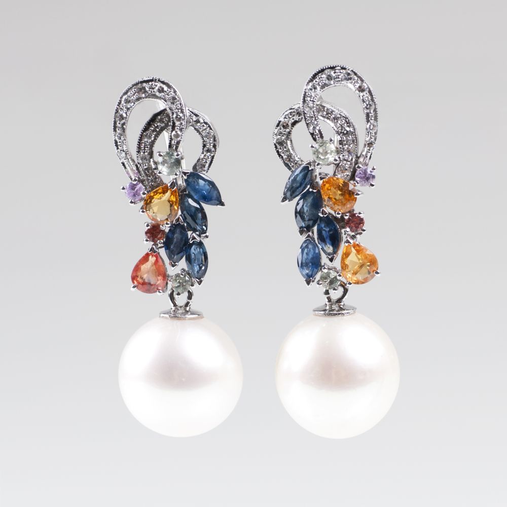 A Pair of Southsea Pearl Earrings with multicolored Sapphires