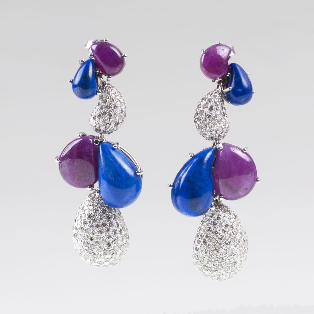 Paar Lapilazuli-Rubin-Ohrhänger mit Diamanten