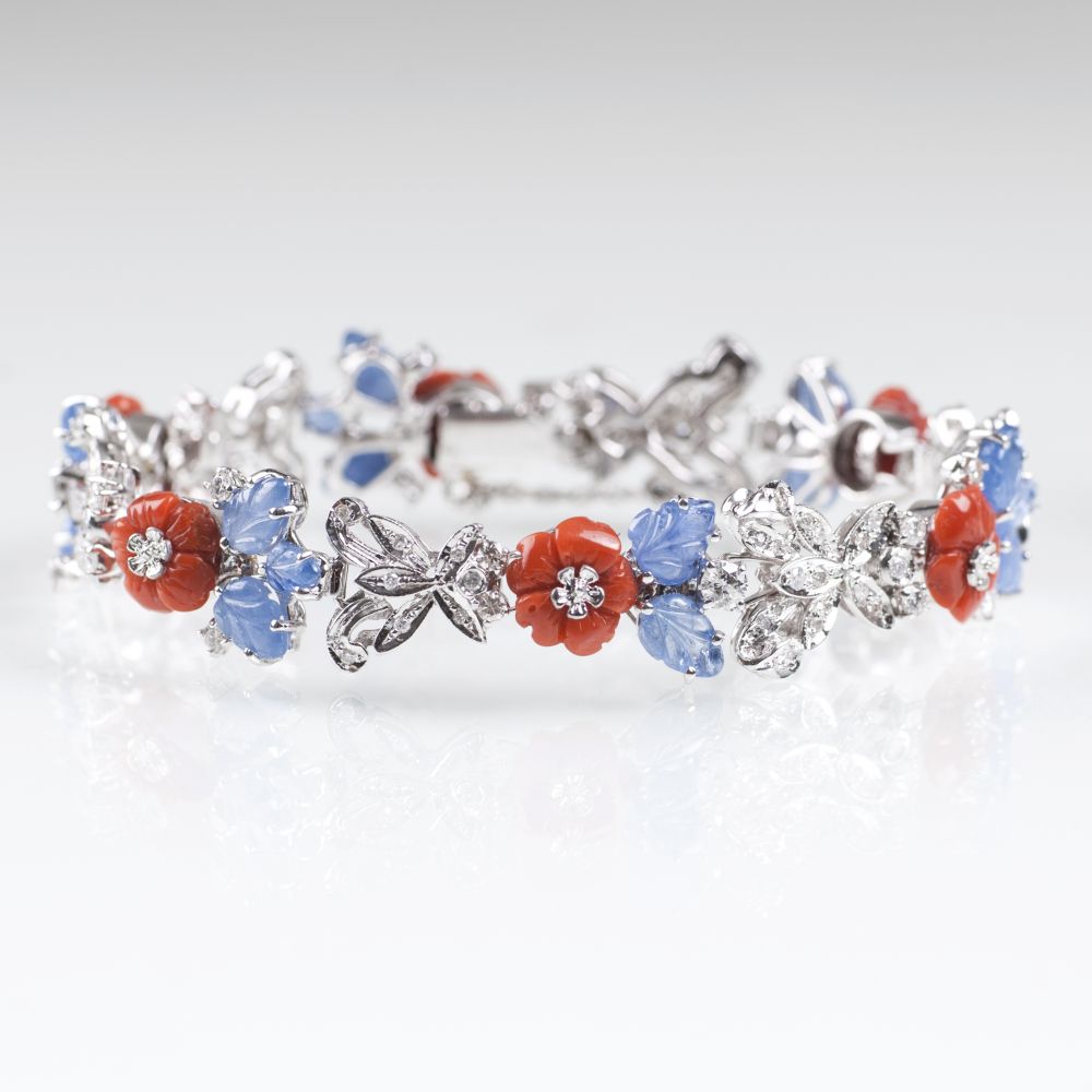 A Sapphire Diamond Bracelet with Coral Flowers - image 2