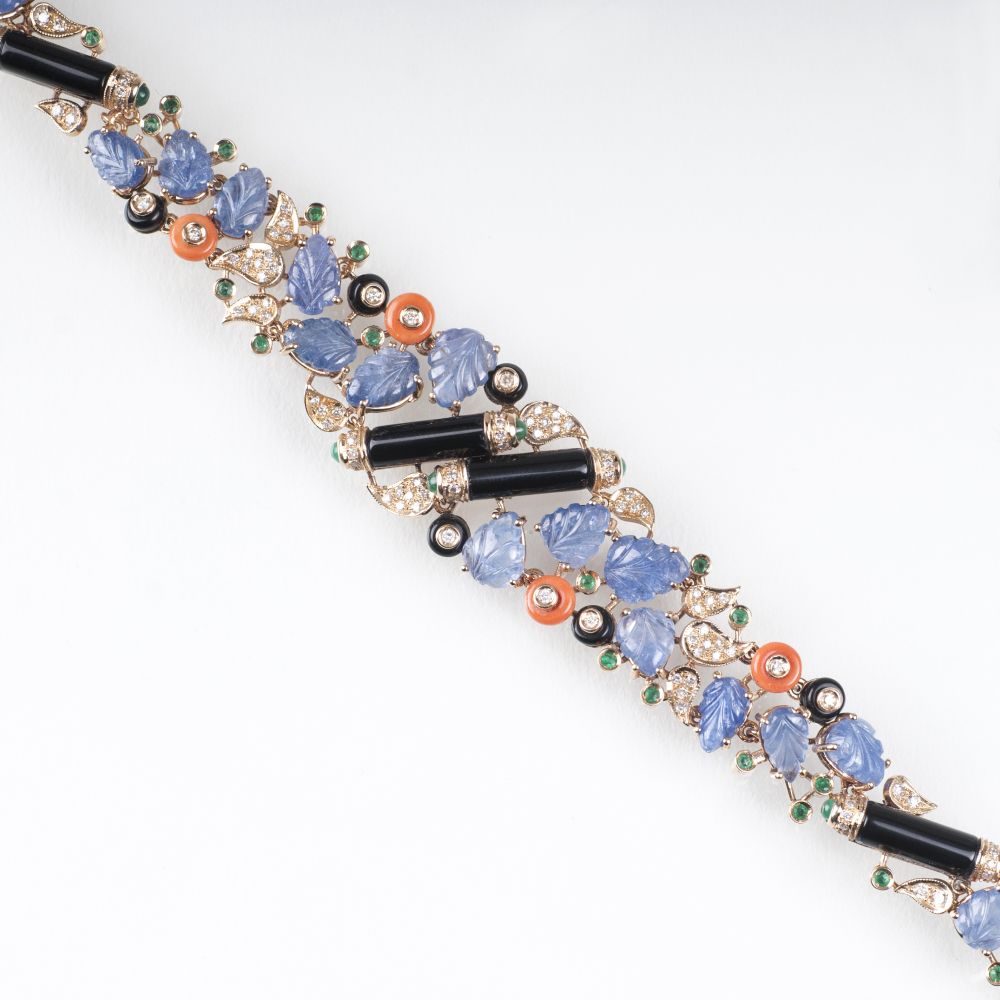 Außergewöhnliches Saphir-Smaragd-Korallen-Armband im Art-déco Stil