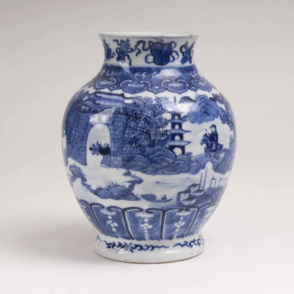 A Blue and White Baluster Vase with Architectural Landscape