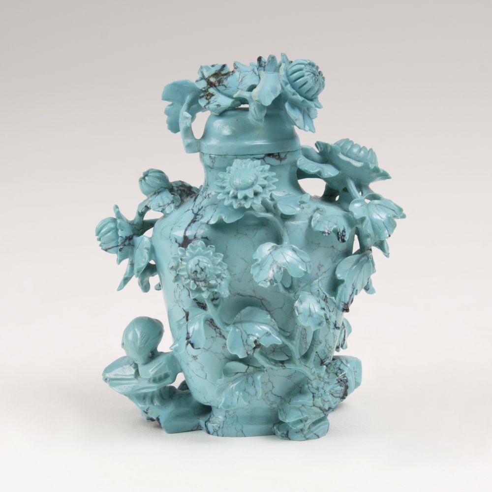 A Fine Turquoise Snuffbottle with Sculpted Decor - image 2