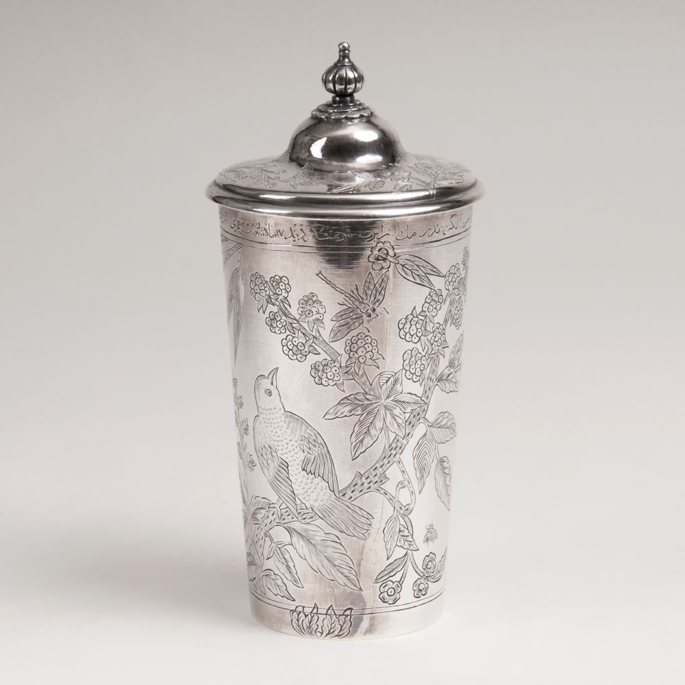 A Silver Big Lid-Mug with Bird Decor