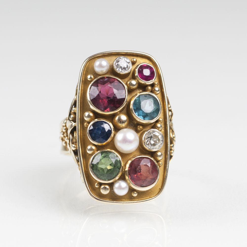 A Vintage Gold Ring with Tourmalines, Sapphire, Ruby, Pearls and Diamonds