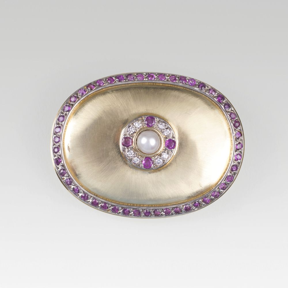 Vintage Gold-Brosche mit Rubin- und Brillant-Besatz Vintage Gold-Brosche mit Rubin- und Brillant-Besatz